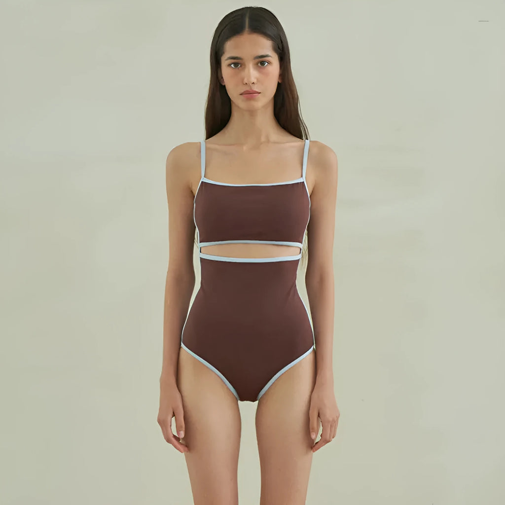 Brown women's one-piece swimsuit with triangle neckline on mannequin