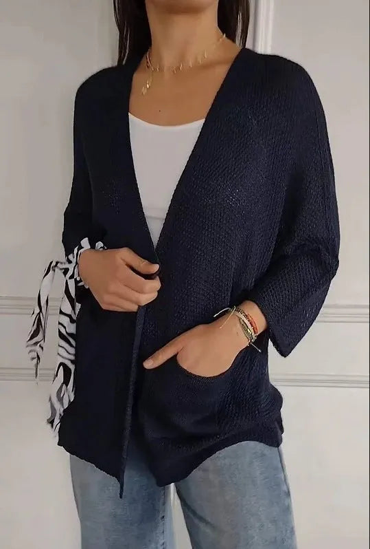 Women's waffle texture cardigan coat in army green with nine-quarter sleeves and pockets.