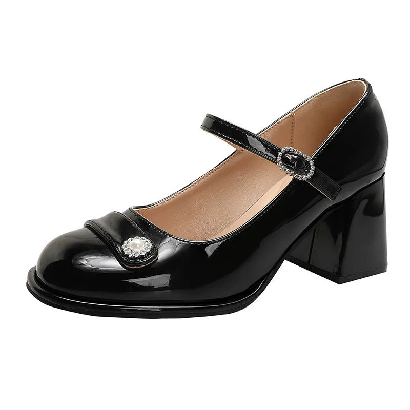 Women's black patent leather chunky heel round toe shoes with buckle strap