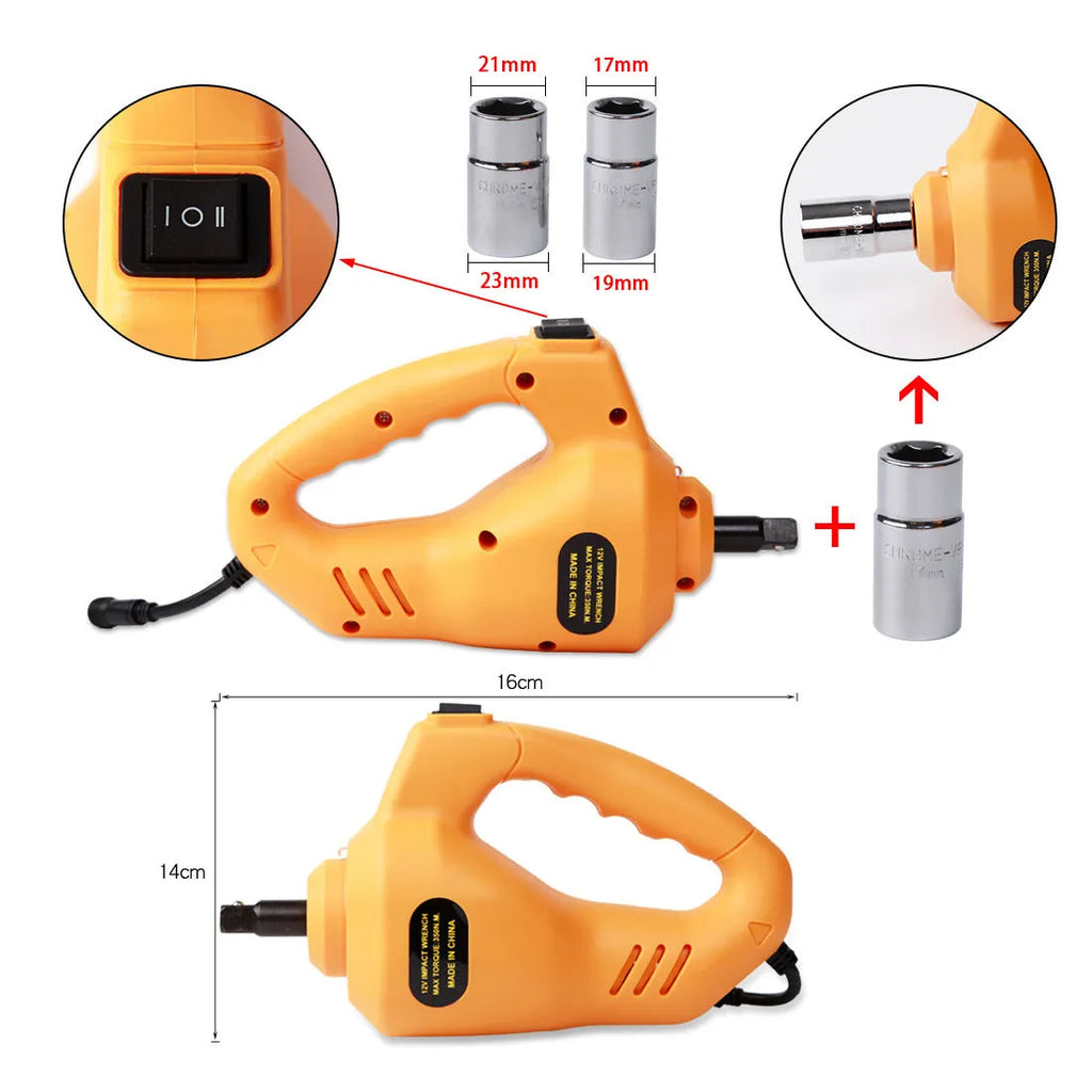 Yellow electric car jack set with powered wrench for tyre changes and vehicle lifting