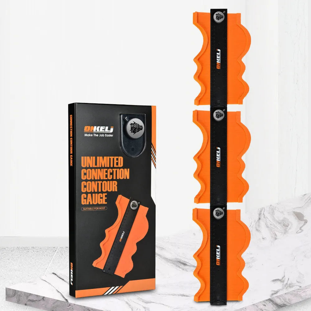 10-inch contour gauge tool with stainless steel pins and a locking belt on a blue ABS body.