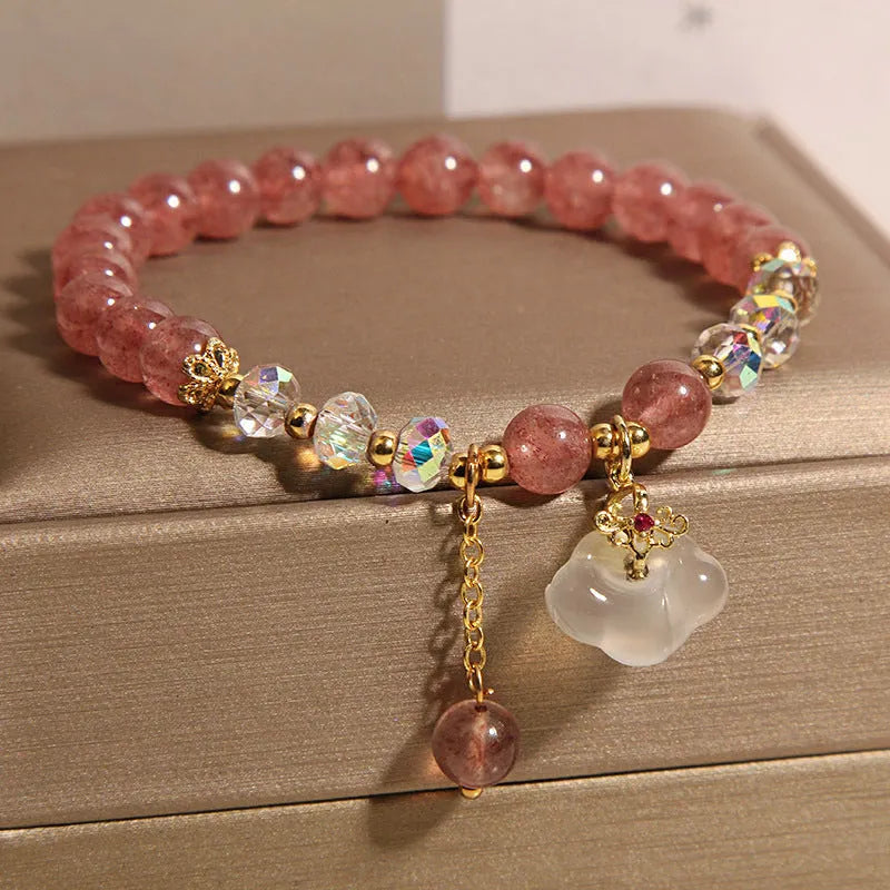 Women's natural crystal bracelet with strawberry quartz and white agate beads in auspicious clouds pattern