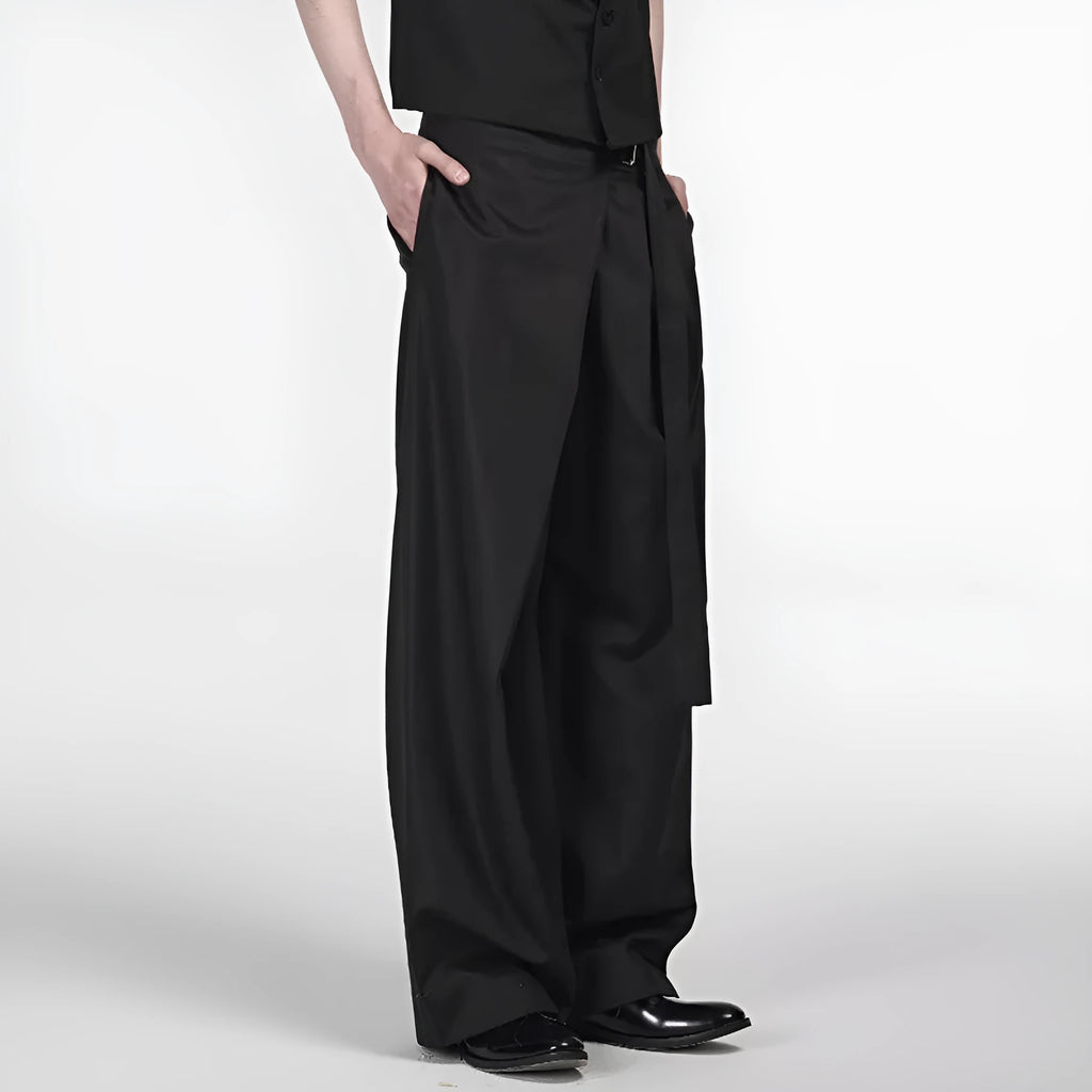 Black straight-leg trousers with a single pleat and adjustable waistband on a hanger