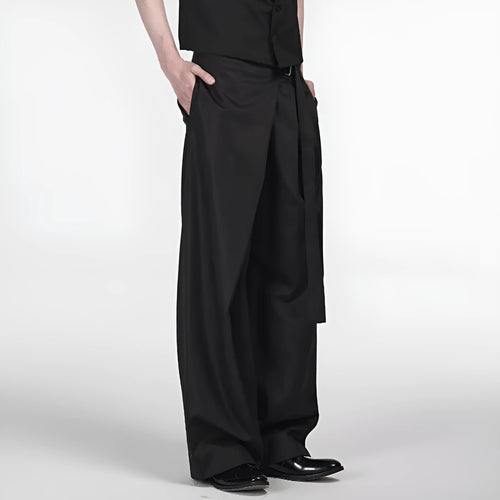 Black straight-leg trousers with a single pleat and adjustable waistband on a hanger