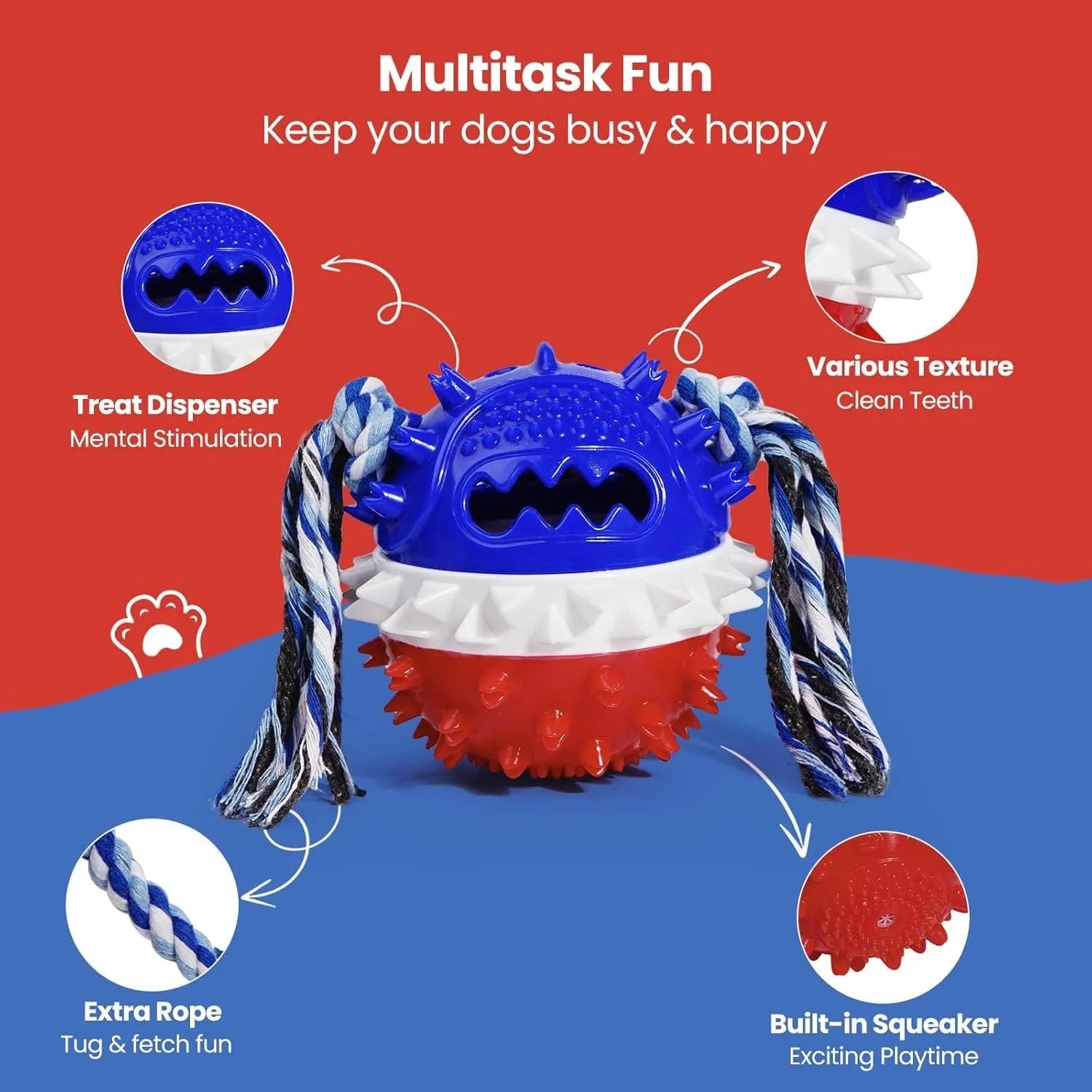 Blue and red ball-shaped dog chew toy with texture and a treat dispenser hole.