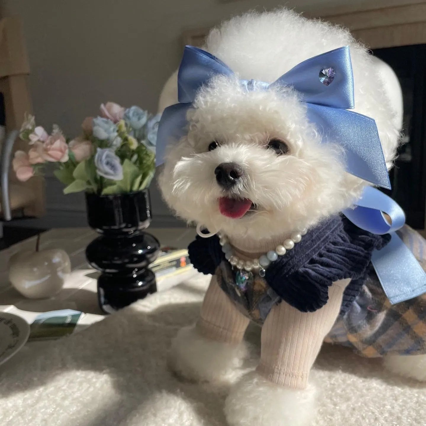 Princess style dog hair band with adjustable bow on jacquard woven polyester cotton ribbon
