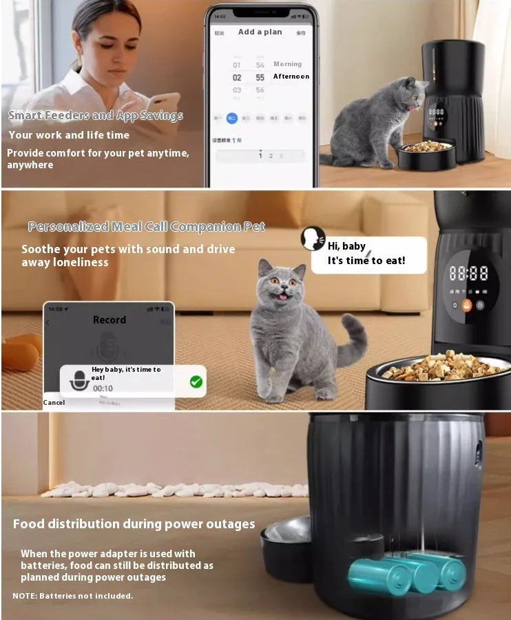 Black and white intelligent pet feeder with automatic timing and quantitative remote feeding function