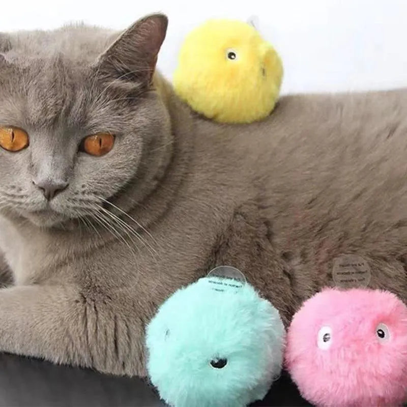Interactive cat toy ball in blue, pink or yellow with sound activation and catnip compartment