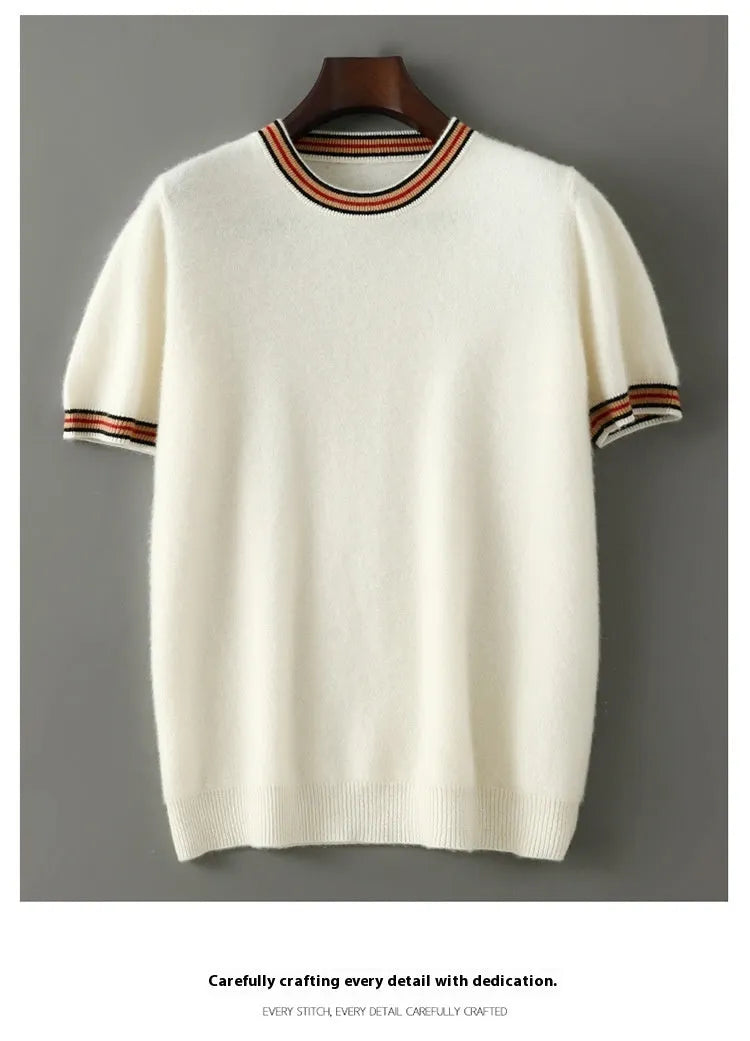 Men's pure wool short sleeve sweater round neck pullover in black, gray, white colours