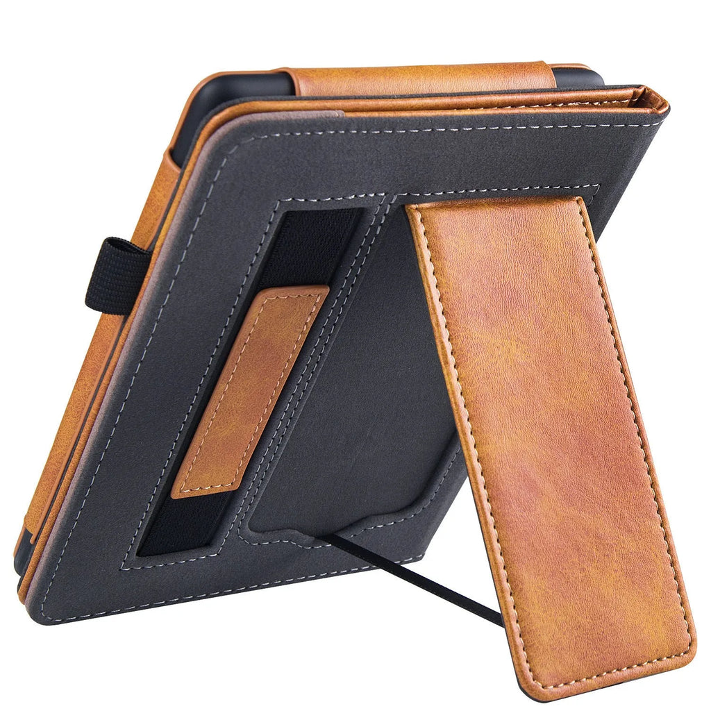 Kindle Paperwhite 11 leather case with wrist bracket showing calf leather exterior