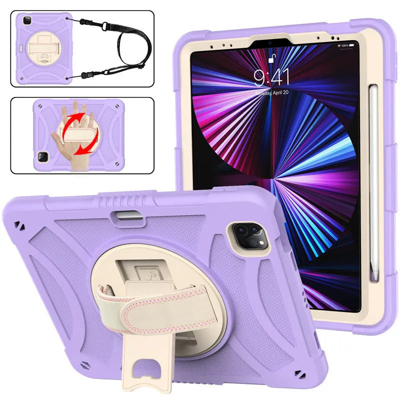 Rotating bracket strap silicone protective case for Apple iPad in multiple colour options.