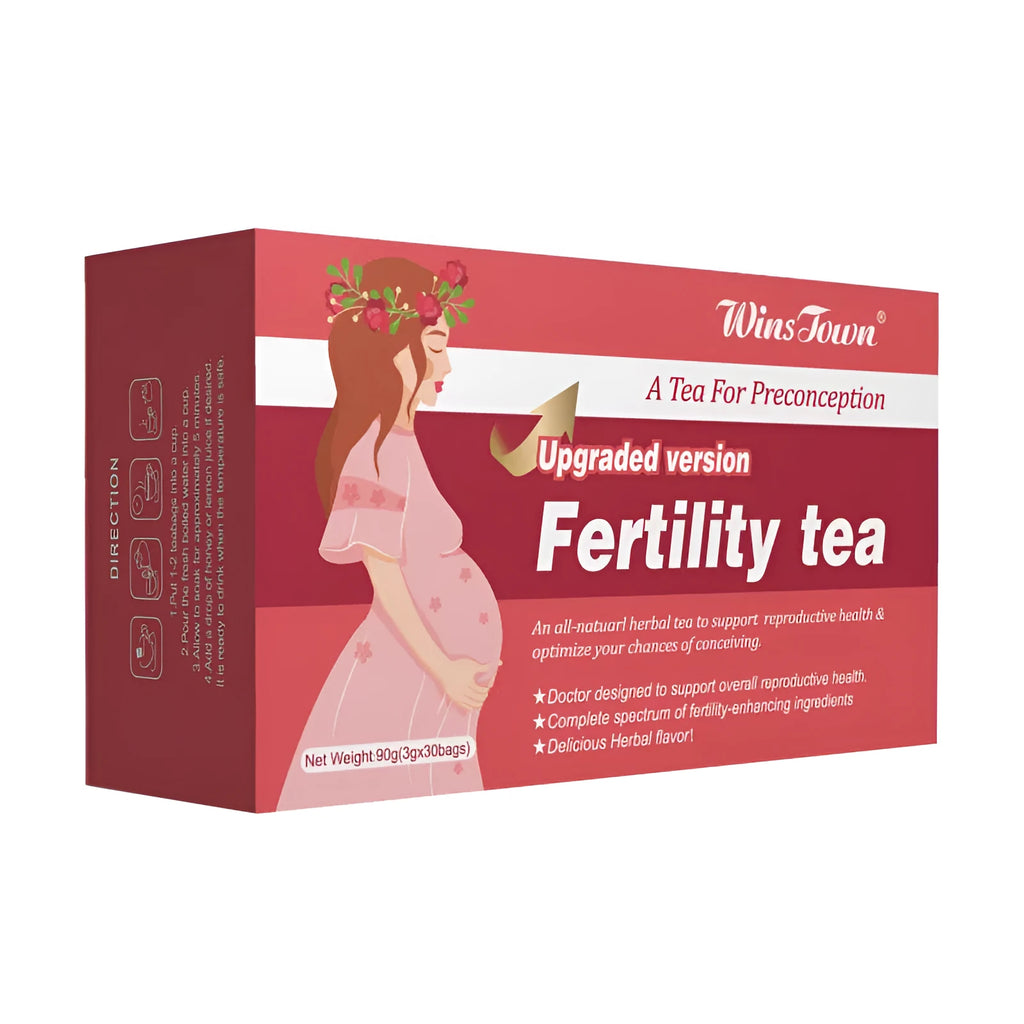 Box of fertility tea containing 90 individual tea bags for herbal reproductive support.