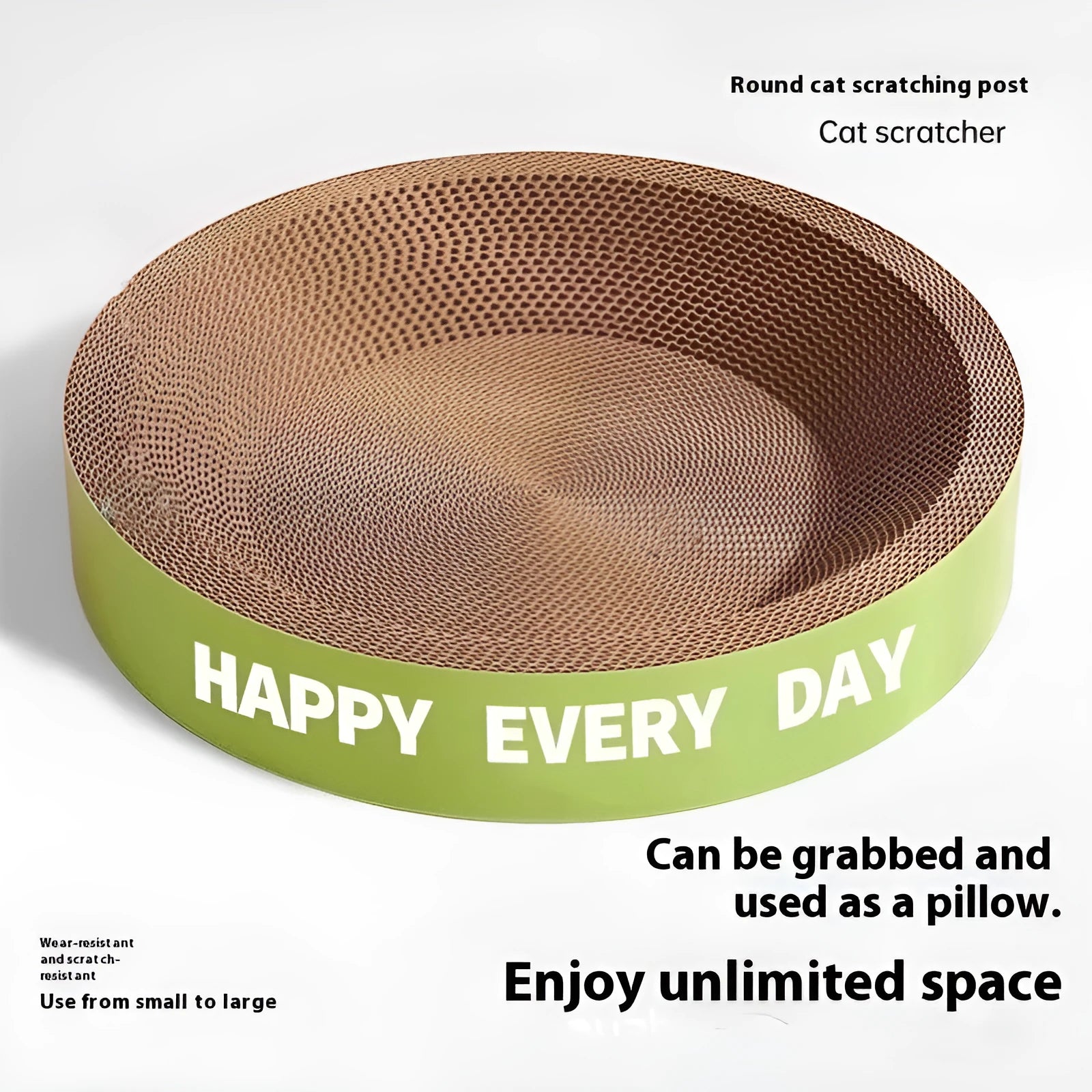 Green round cat scratching board nest with fleece sleeping area, 50cm diameter