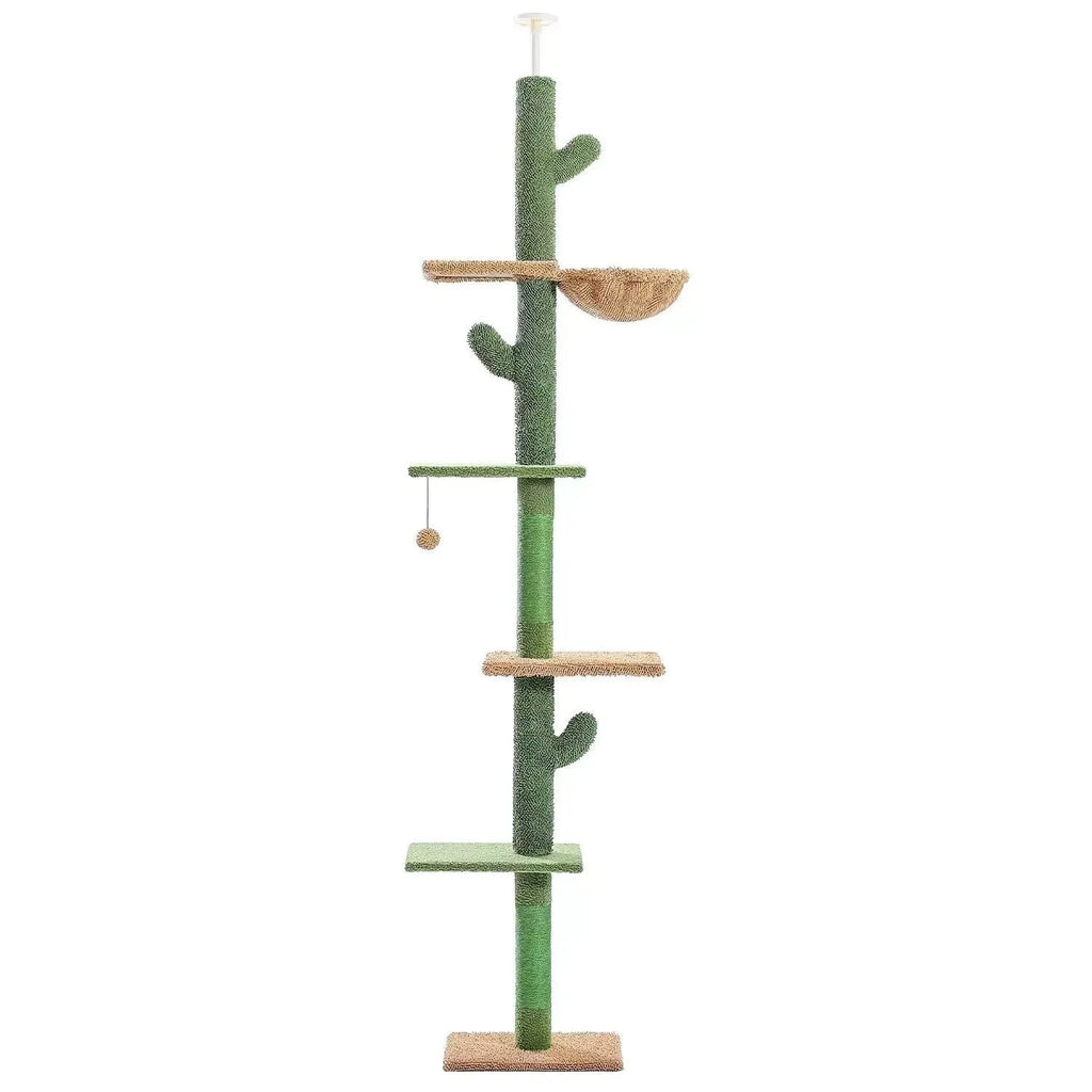 Tall, multi-level cat climbing frame with integrated scratch board and a cactus-shaped cat nest