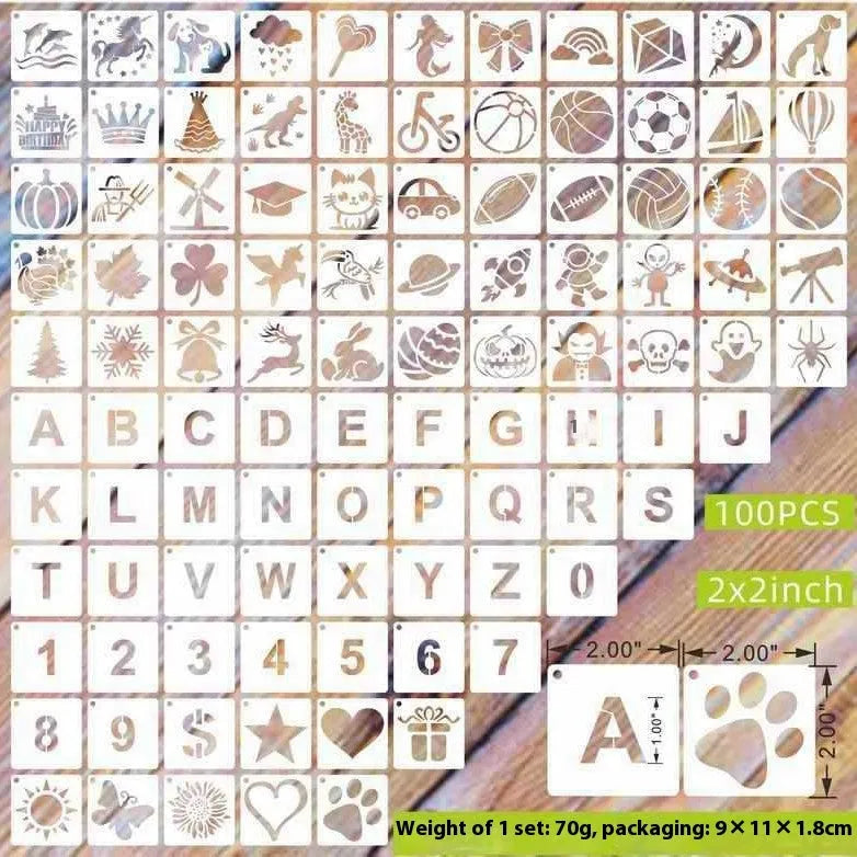 Milky white PET film stencils showing examples of 2-inch flower, animal, and letter designs.