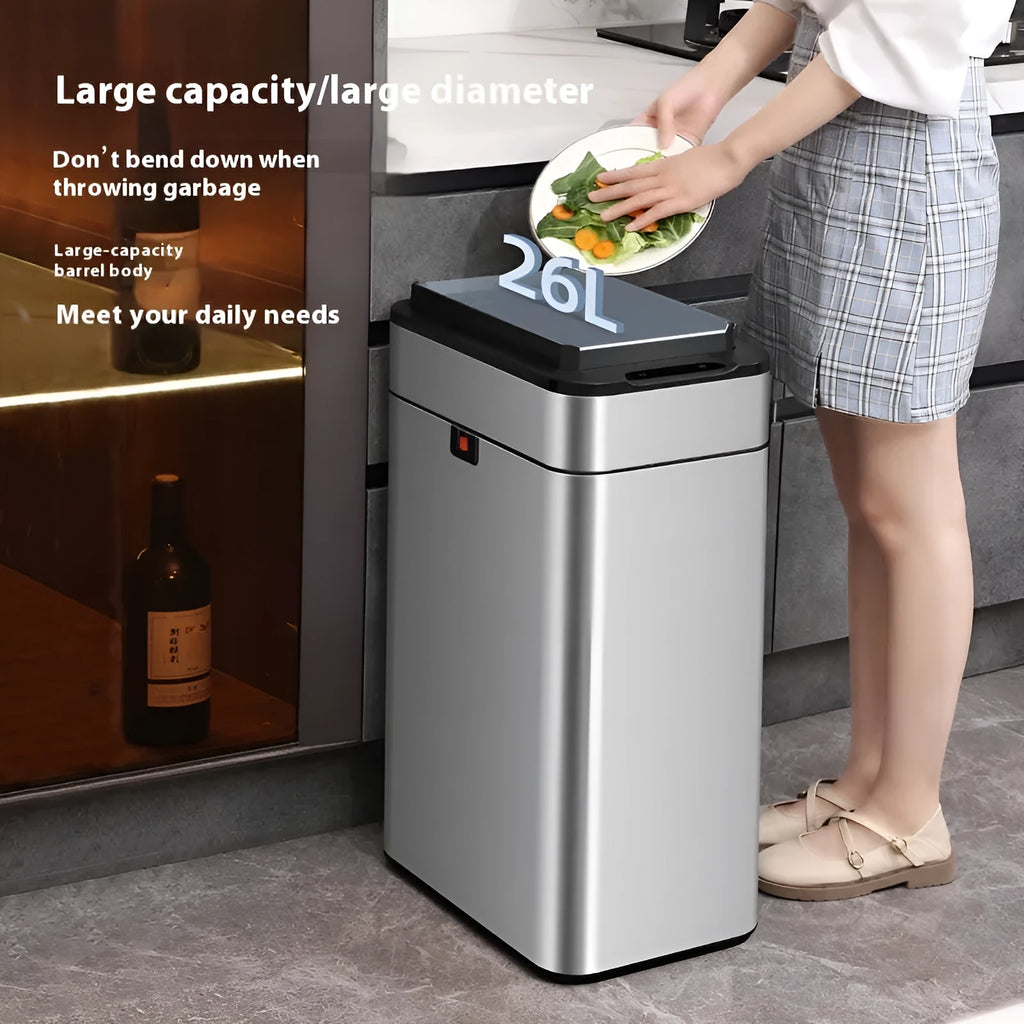 Stainless steel smart inductive trash can with square shape available in multiple sizes for kitchen and office