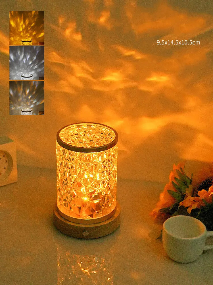 Rotating water ripple night light with acrylic body and solid wood base projecting colourful ambient light