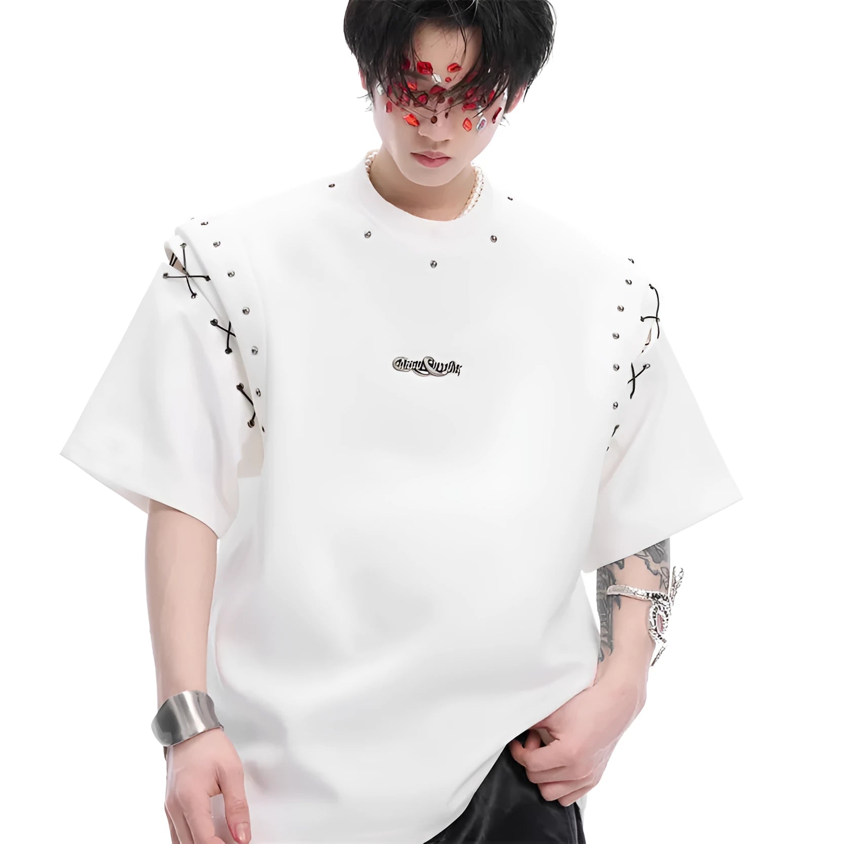 Deconstruction lace-up cutout short sleeve t-shirt in Black or White cotton-polyester blend