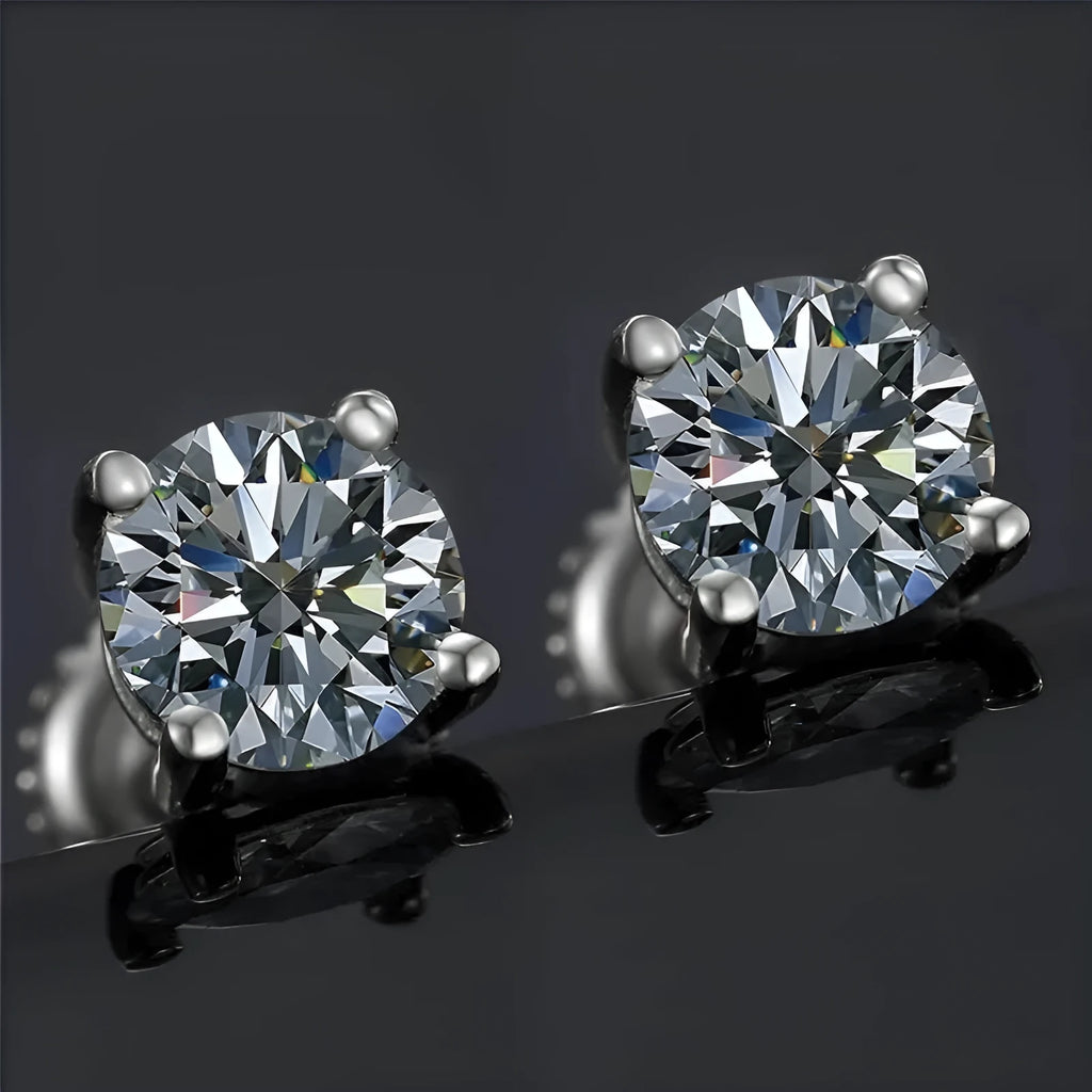 Geometric moissanite stud earrings with four claw screw setting on silver