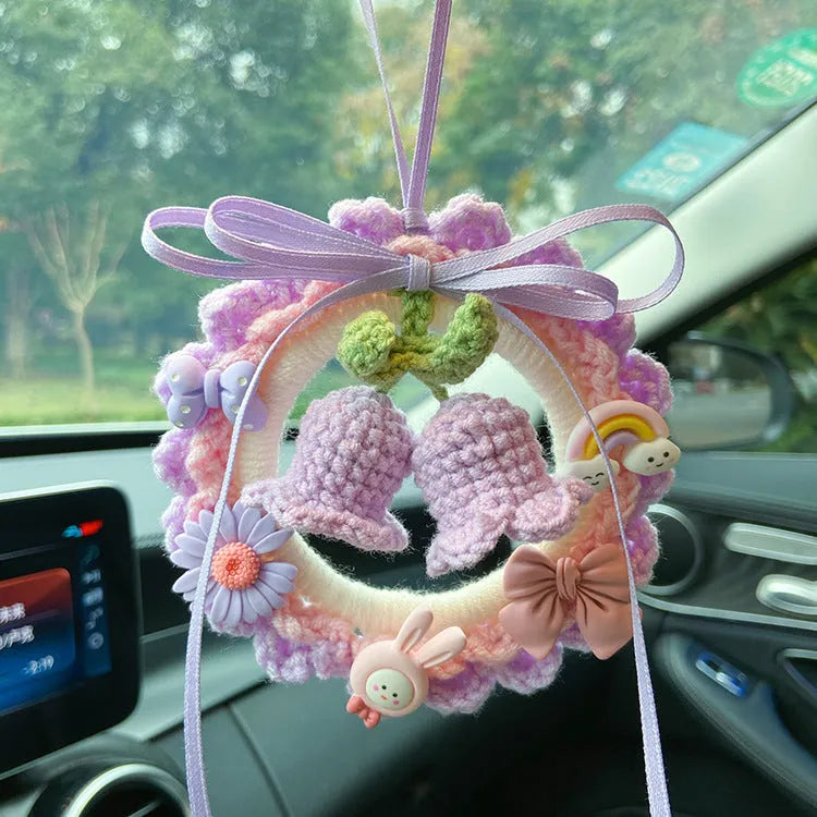 Woven wool bell orchid car pendant in green, pink, purple, or yellow with optional dream catcher.