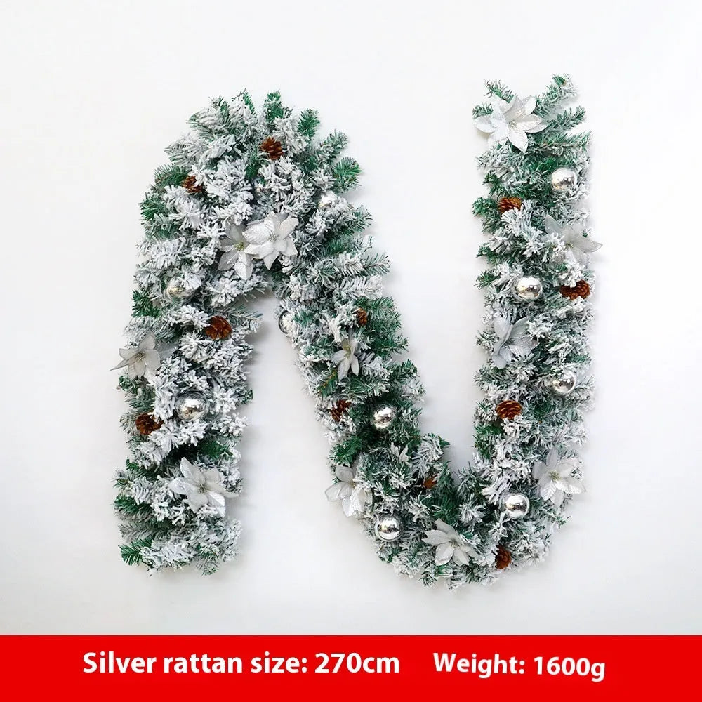 Christmas rattan garland with white flocking in a choice of five colours: golden, blue, silver, pink, and red.