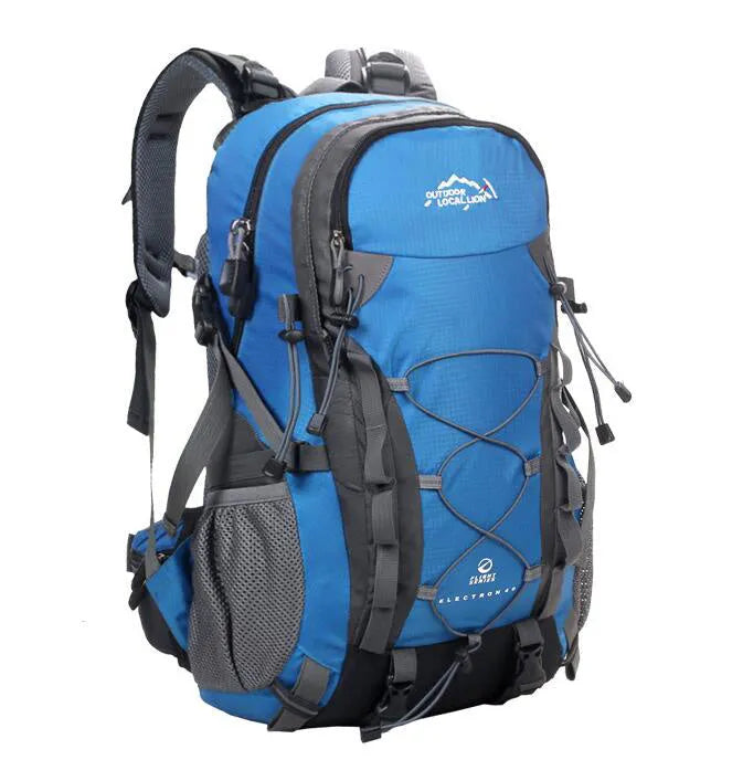Polyester outdoor backpack in green colour showing dimensions and storage capacity
