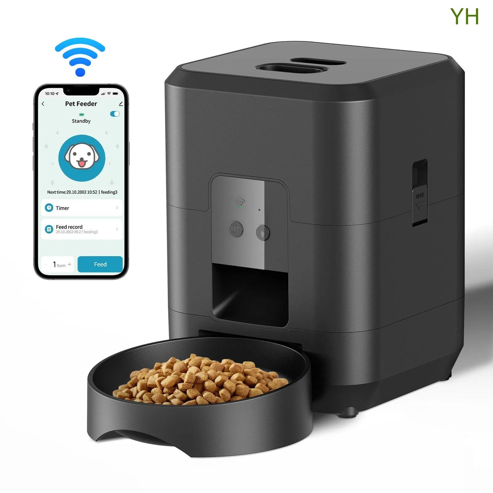 Automatic cat feeder with digital display and food storage compartment in white finish