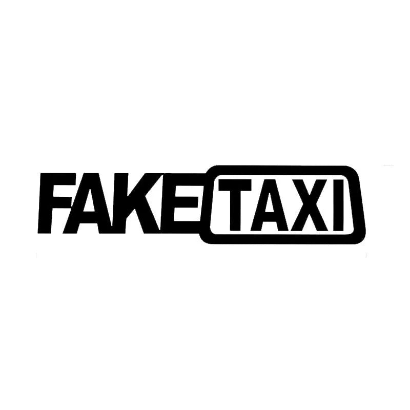 FAKE TAXI waterproof car warning sticker in black, white, or yellow, measuring 20 by 8 centimetres.