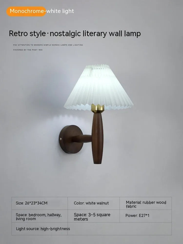 American retro style wall lamp with rubber wood frame and fabric shade in walnut wood colour