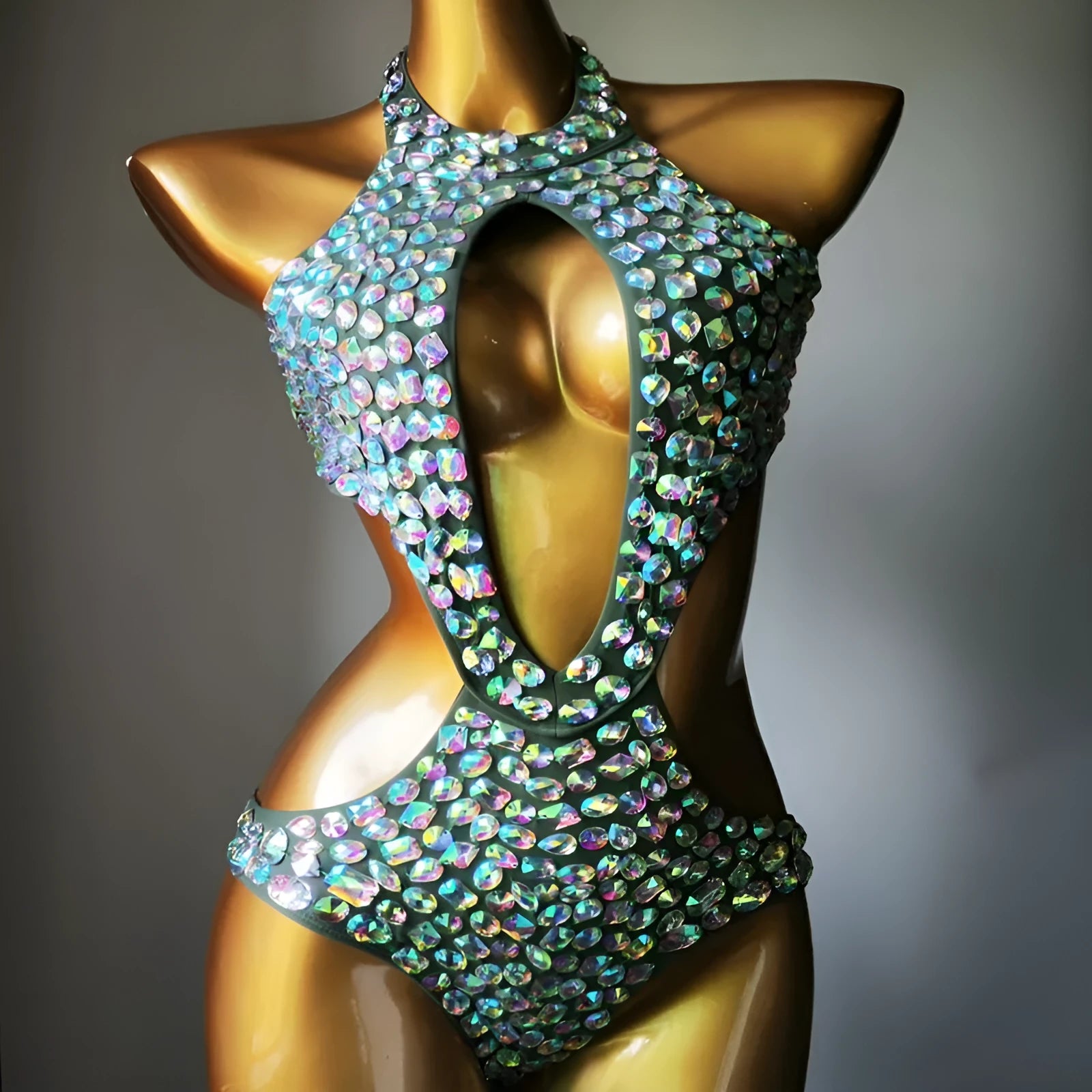 Women's mesh diamond one-piece swimsuit in Army Green colour with polyester lining