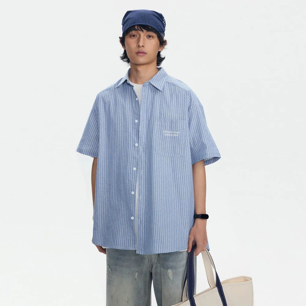 Blue striped loose-fitting short-sleeved overalls shirt for men and women