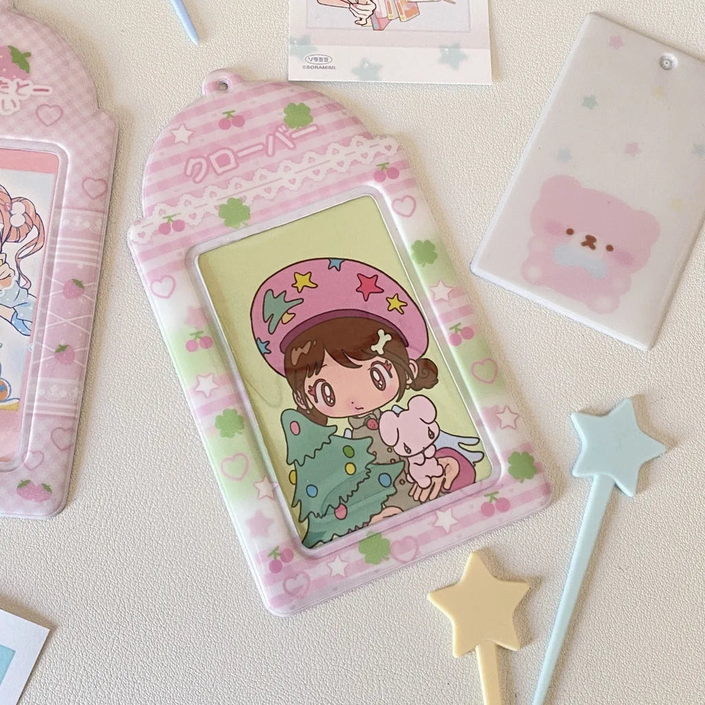 Cartoon plaid strawberry design PVC card holder pendant for lanyards, measuring 7.6 by 13.6 centimetres.