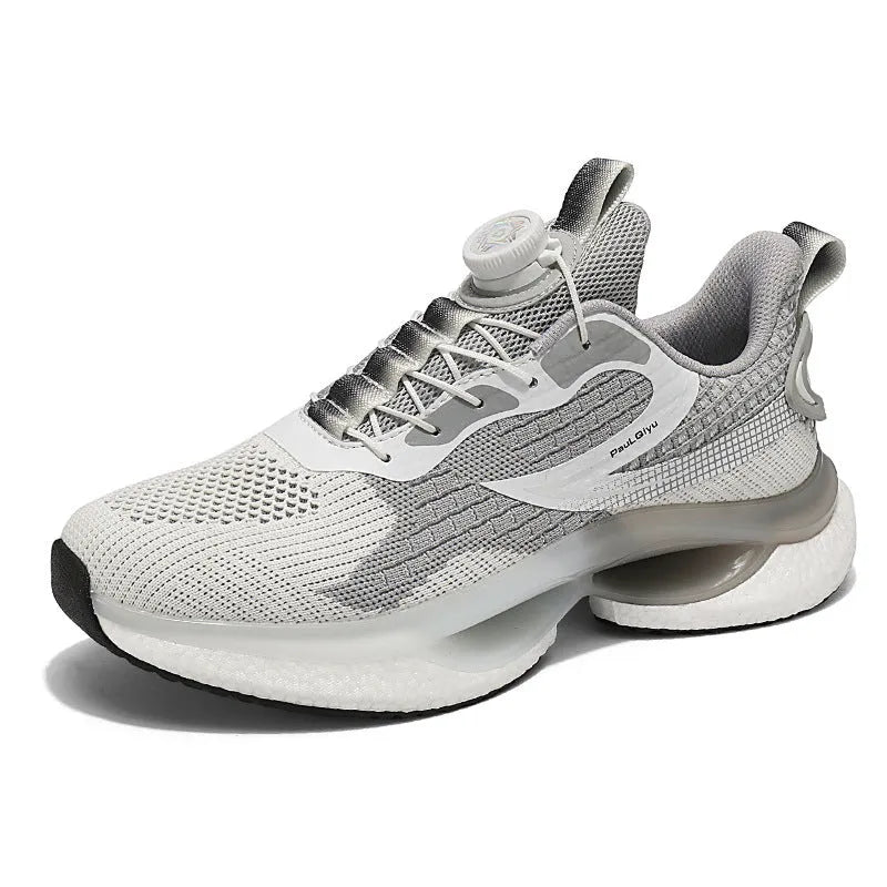 Men's white Korean style low-top running shoes with a rotating buckle closure and mesh upper.