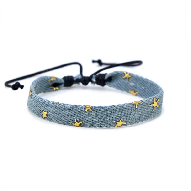 Adjustable denim fabric bracelet in various YYR colours with mixed material construction