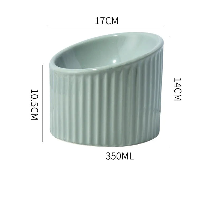 Dark green ceramic elevated cat bowl with tilted, round whisker-friendly design on a wooden floor.