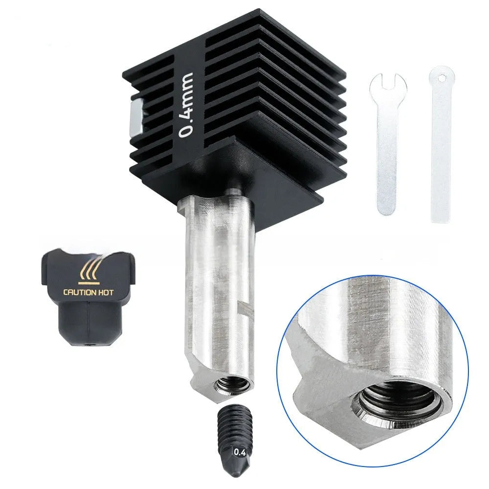 Bambu Lab A1 Mini 3D printer hardened steel nozzle hot end kit with four nozzle sizes and black silicone sleeves.