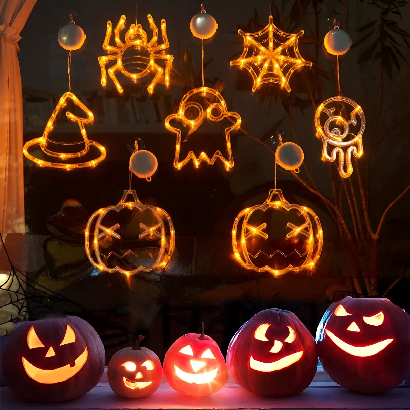 Halloween window hanging LED lights with seven designs including spider, pumpkin, ghost, and bat motifs
