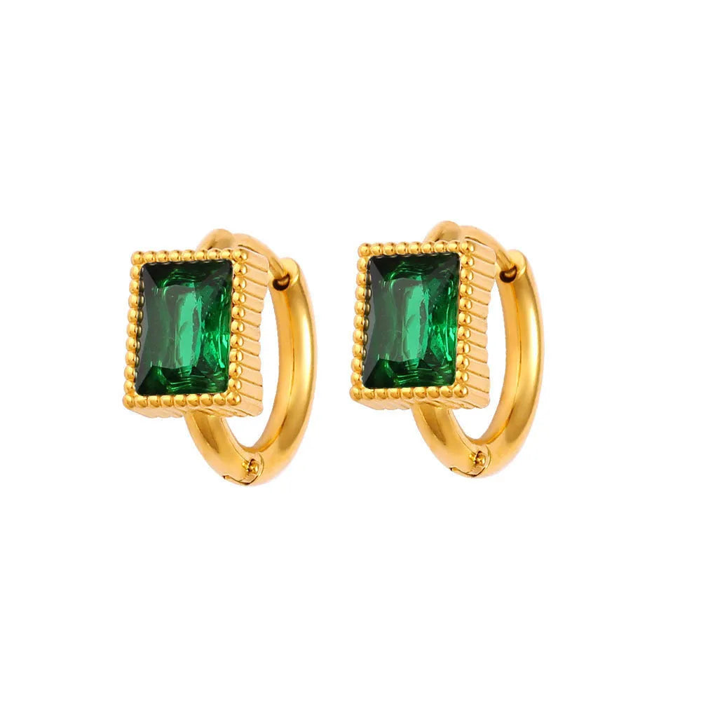 Geometric square zircon stainless steel earrings in white, black, or green colour options