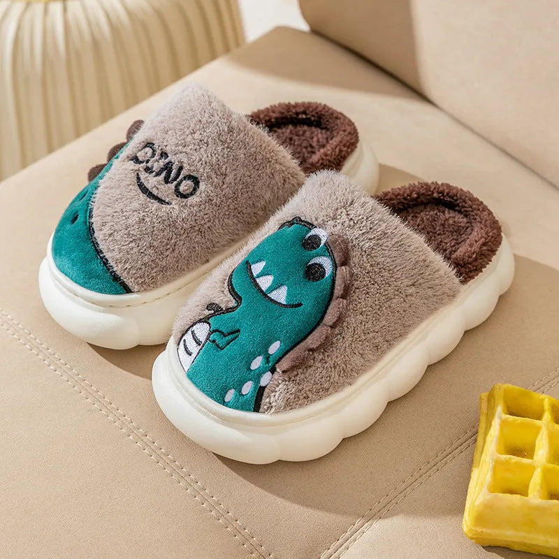 Cotton plush couple slippers with dinosaur designs in gray, coffee and orange colours