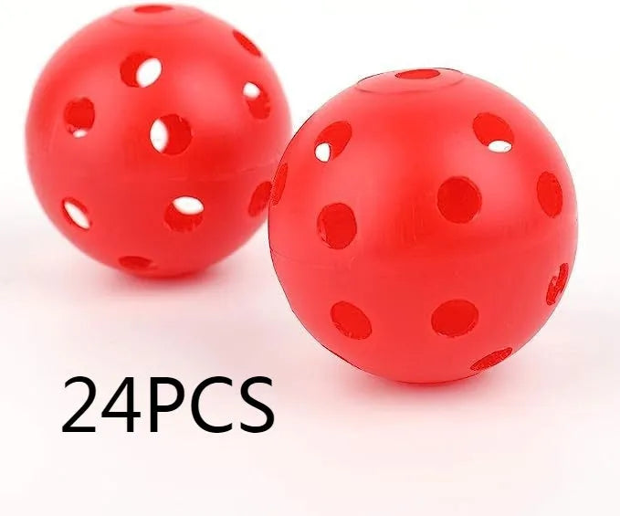 Six multi-colour 42mm golf practice balls in red, orange, blue, green, white, and yellow in a net.