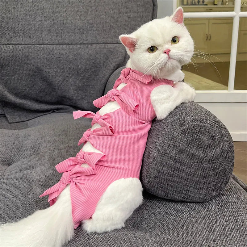 Lace-up polyester cat sterilisation recovery clothing in pink, purple, blue, brown and green pineapple colours