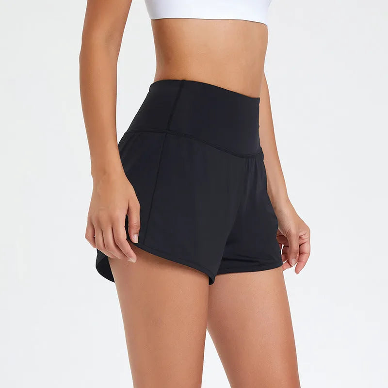 Women's black high-waisted quick-dry nylon fitness shorts for running and cycling