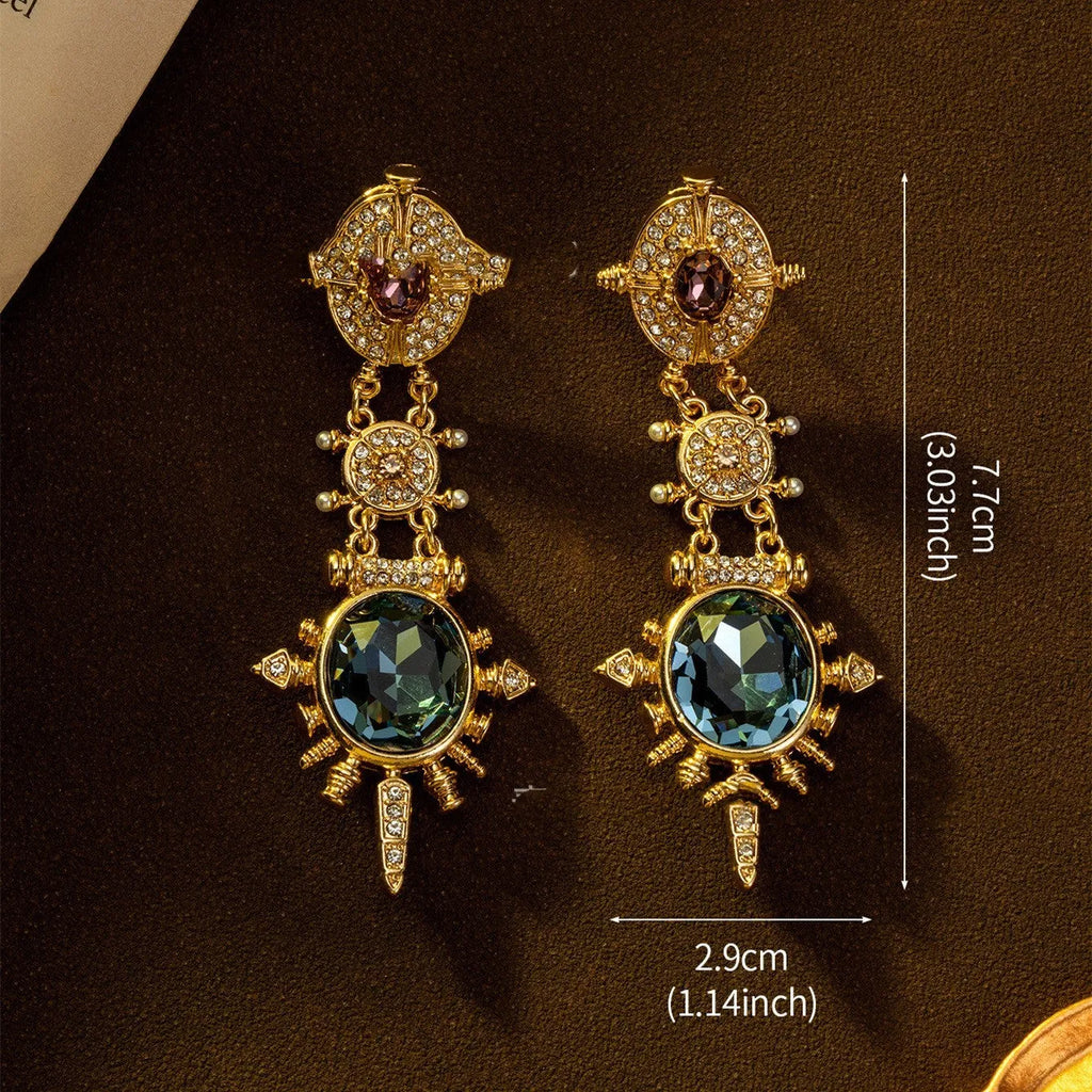 Gold colour retro geometric stud earrings with round design elements on alloy material
