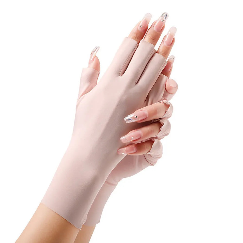 Women's thin ice silk nylon sunscreen gloves with UPF50+ protection in various colours.