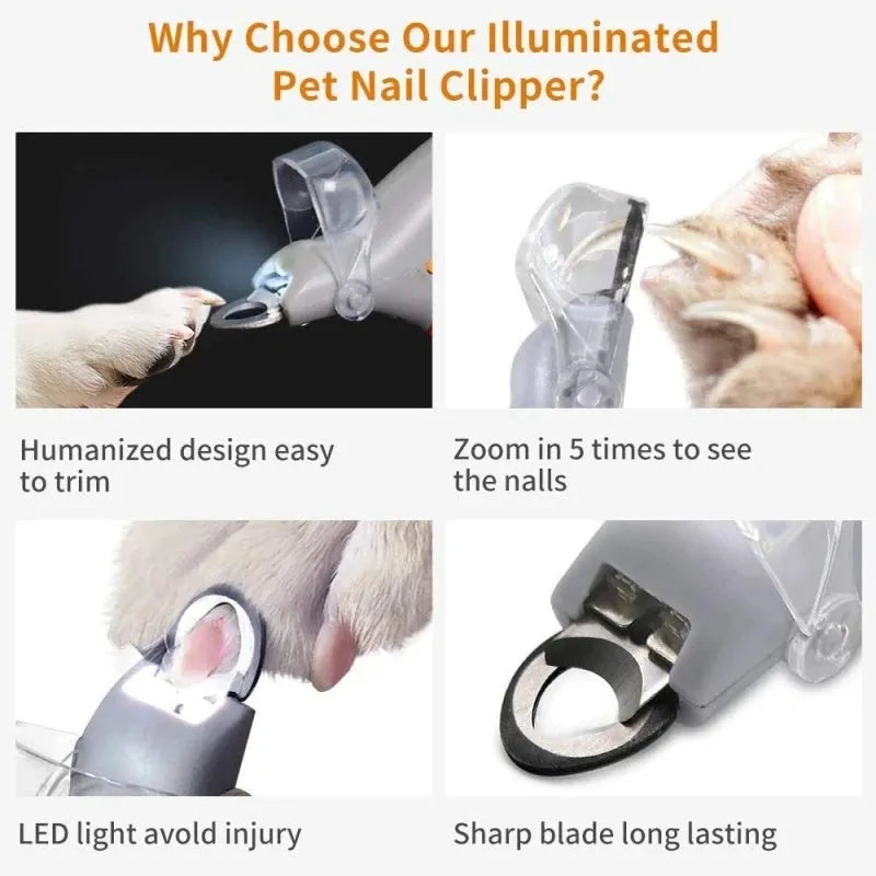 Yellow pet nail clippers with LED light and magnifying lens for dog and cat grooming