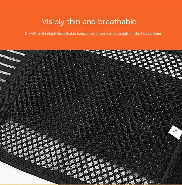 Black breathable sports waist support with steel plate for lumbar decompression, shown in adult size.