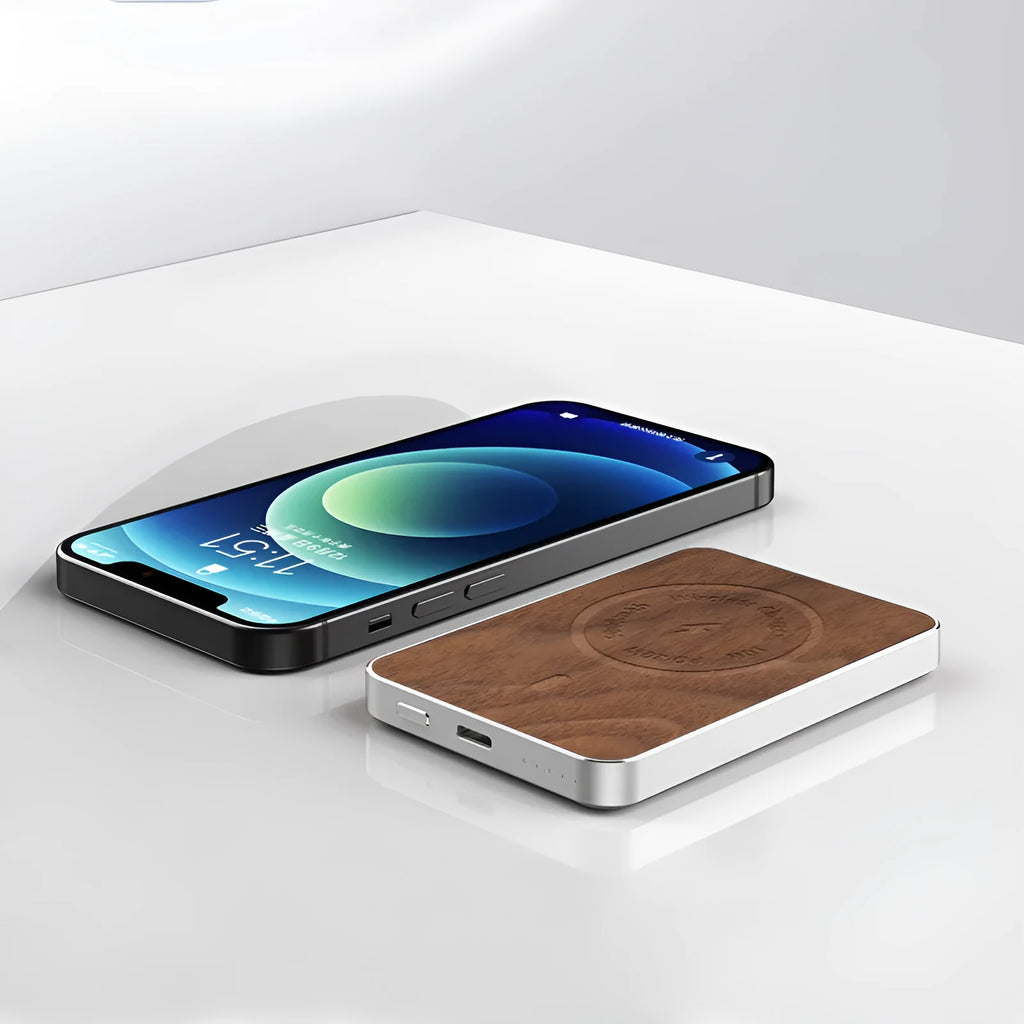 Khaki magnetic wireless charging bank with 5000mAh capacity and USB port