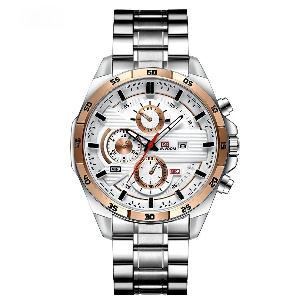 Men's waterproof quartz watch with calendar function in black and rose gold combination