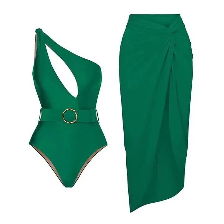 Women's one-piece swimsuit with gauze skirt in polyester fabric showing double shoulder design