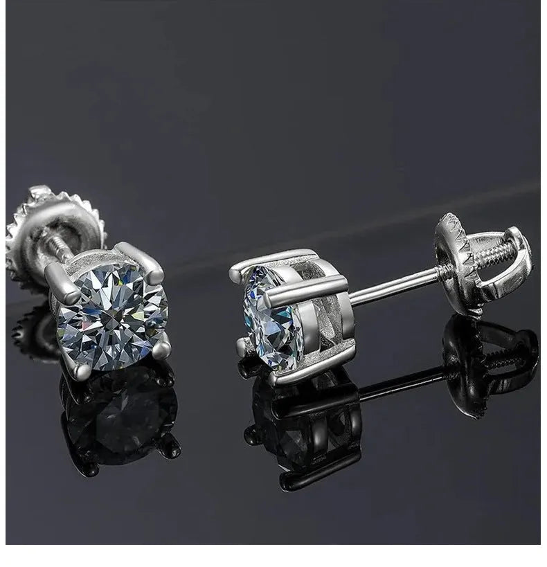 Geometric moissanite stud earrings with four claw screw setting on silver
